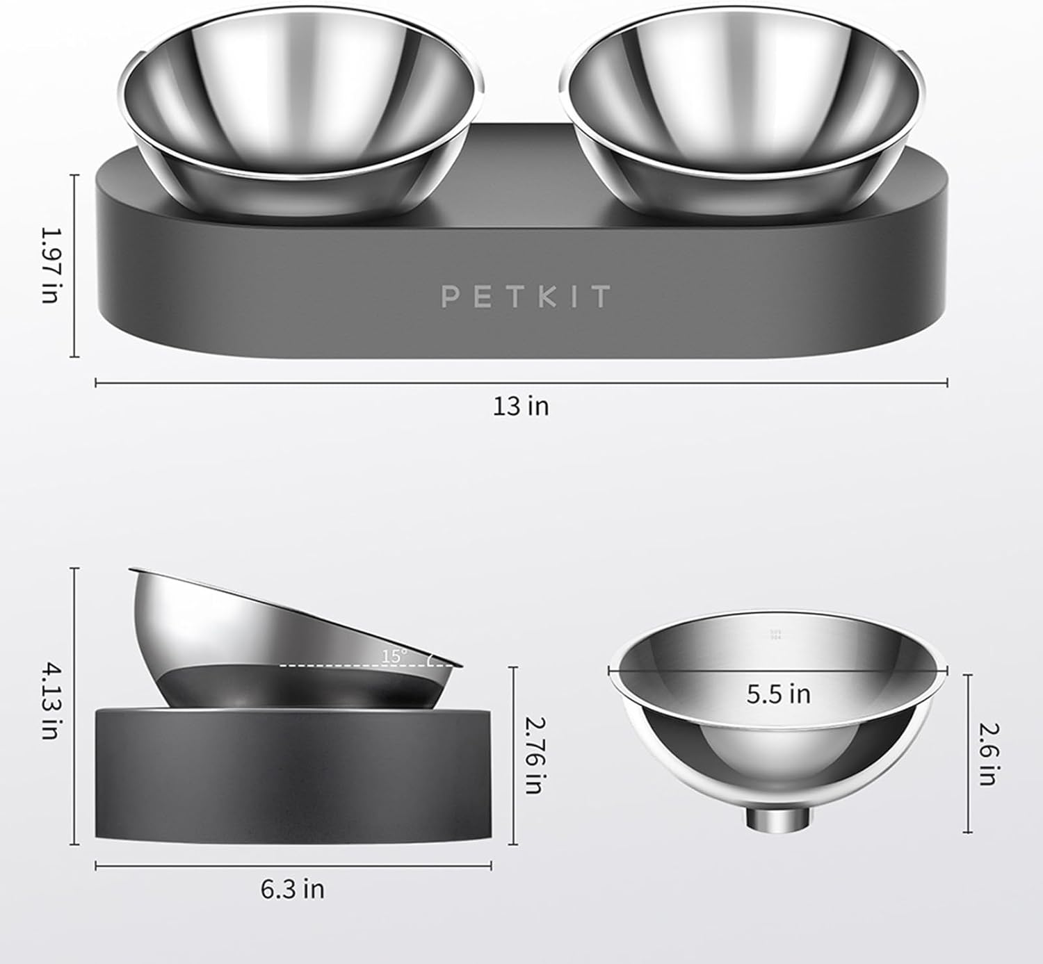 CYBERTAIL - Stainless Steel Raised Bowl - Inclined Food and Feeding Bowls, Non-Slip, No Spill for Cats and Small Dogs