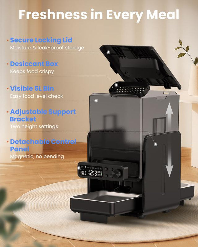 【Pet Secrets】Cityflee Automatic Cat Feeder for Two Cats, Adjustable Bowl Height to Protect Pet Spine, 20 Cups/5L for Small Pets Indoor, Supports Timed and Voice Call, Healthy Pet