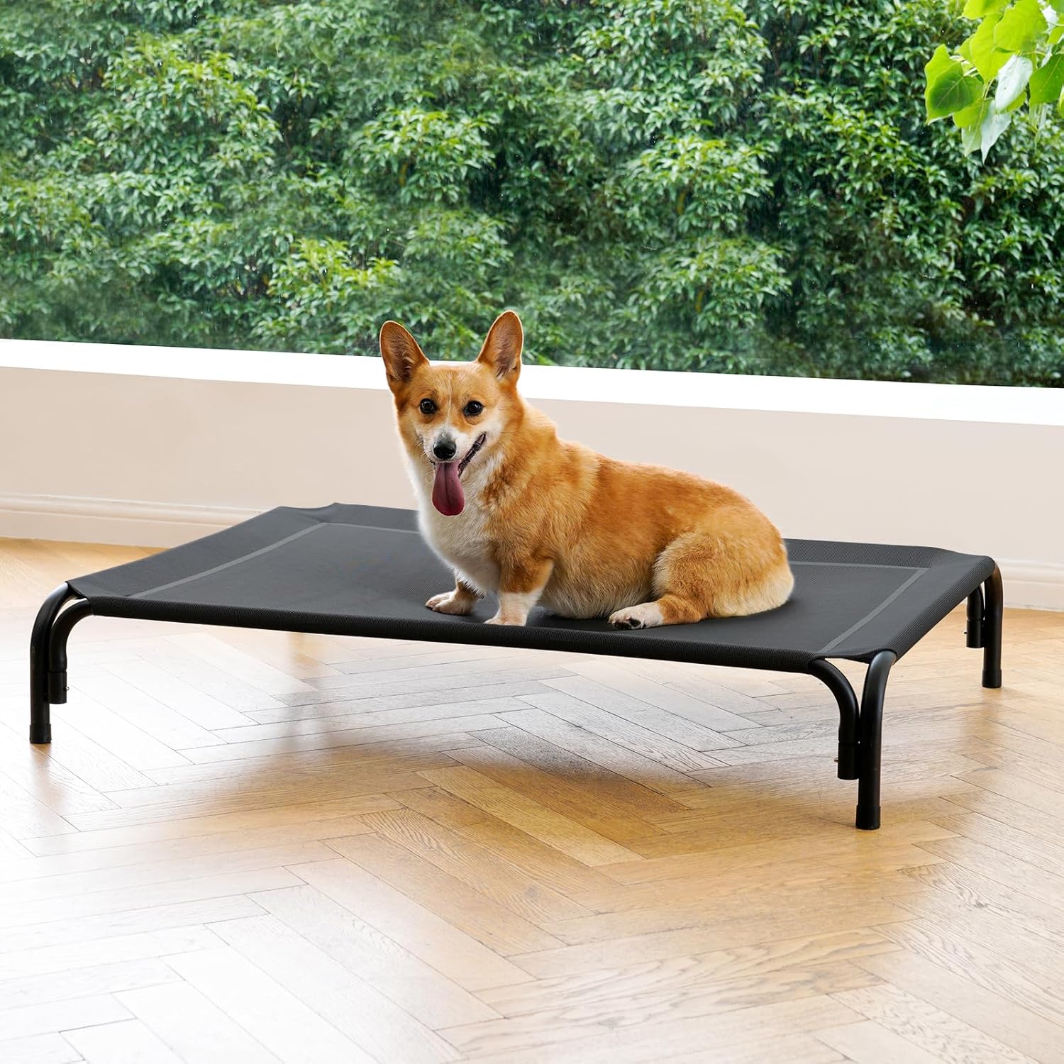 Elevated Dog Bed Raised Outdoor Dog Cot for Large Dogs, Installation Requires No Tools, Frame with Washable Cooling Breathable Mesh Anti-Slip Feet, Indoor Pet Bed, Black, 43.3 Inches