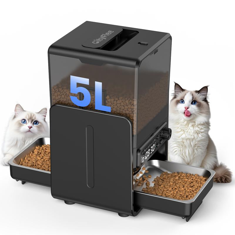 【Pet Secrets】Cityflee Automatic Cat Feeder for Two Cats, Adjustable Bowl Height to Protect Pet Spine, 20 Cups/5L for Small Pets Indoor, Supports Timed and Voice Call, Healthy Pet